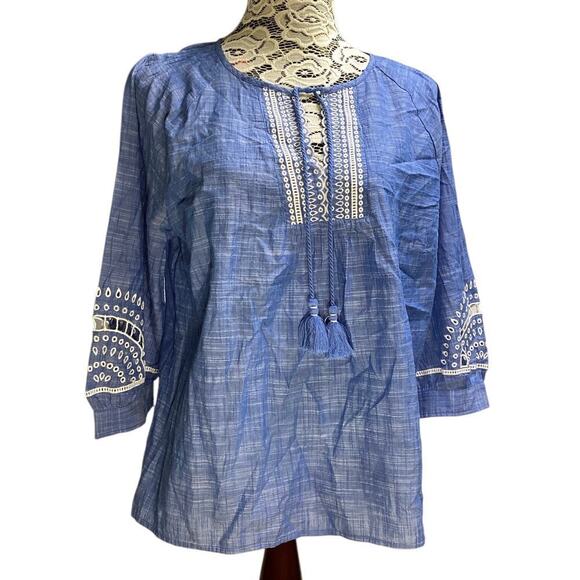 Talbot peasant blouse eyelet embroidery XL petite blue - Picture 1 of 5